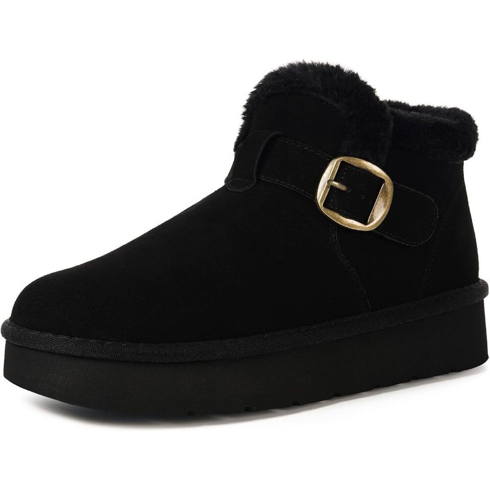 Women's Black Snow Winter Warm Hook Loop Ankle Faux Fur Lining Booties Shoes